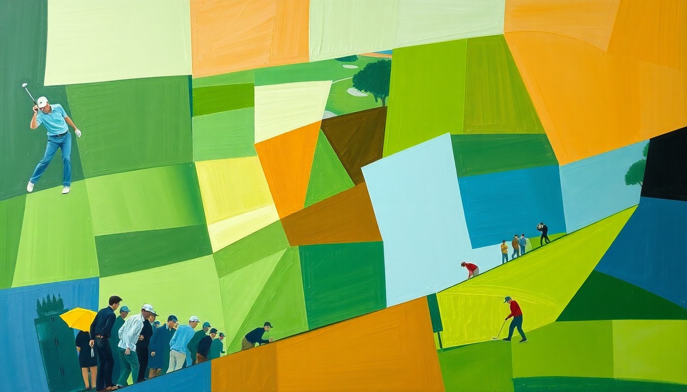 A fragmented, geometric painting depicting a golf tournament scene, with overlapping planes of green, brown, and blue hues representing the dynamic action and varied perspectives of the event.