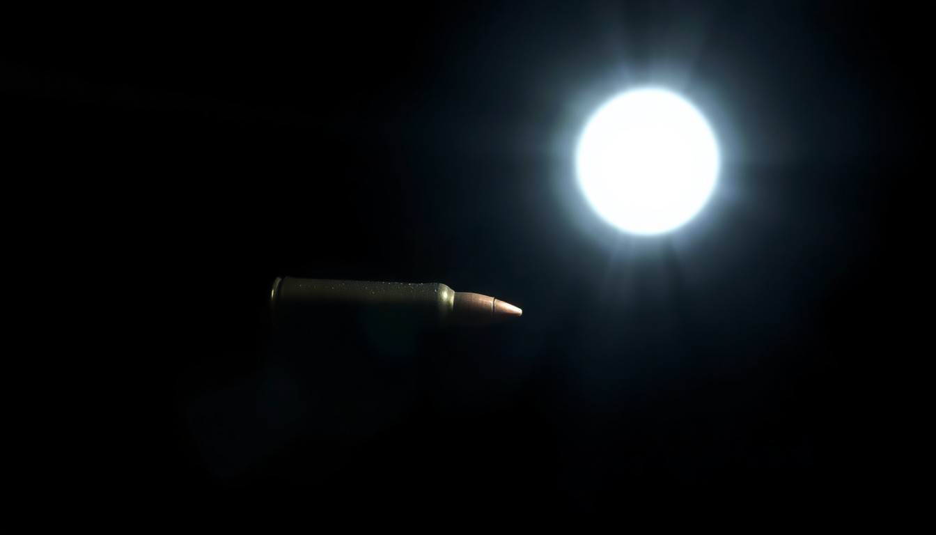 An extreme close-up photograph of a single spent bullet casing against a pitch-black background, capturing the stark, gritty, and investigative nature of this tragic crime.