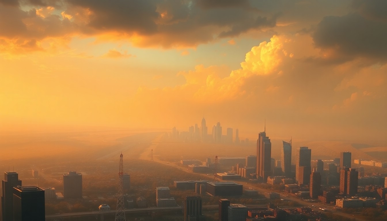 A vast, atmospheric landscape painting depicting the Philadelphia skyline shrouded in a hazy, golden-orange glow, with the city's skyscrapers and landmarks dwarfed by the overwhelming scale of the sky, conveying a sense of the sublime power of the weather.