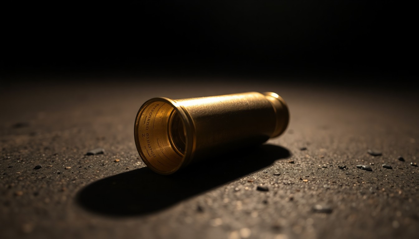 An extreme close-up of a spent shell casing on a dark concrete surface, creating a stark, gritty, investigative aesthetic through the use of harsh, direct flash lighting.