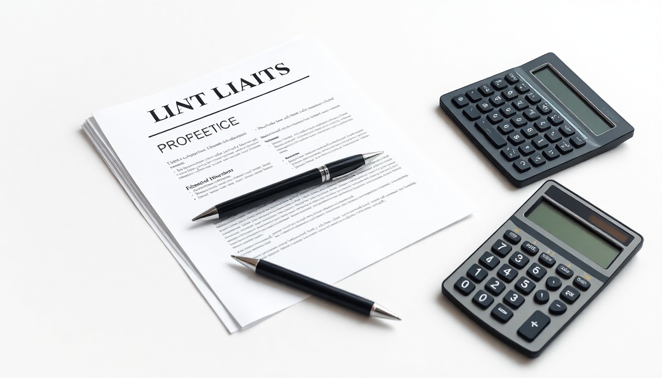 A photorealistic studio still life featuring a stack of legal documents, a pen, and a calculator arranged on a clean white background, symbolizing the abstract concepts of corporate strategy, finance, and risk.