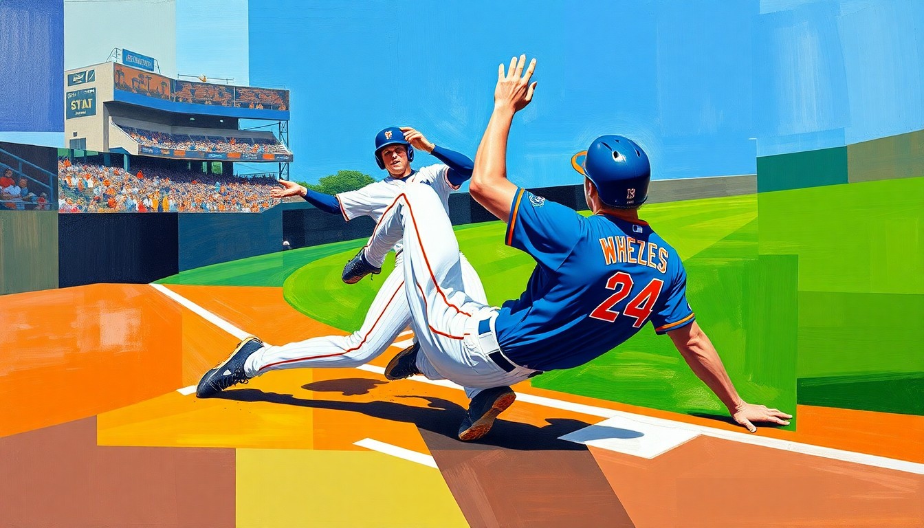 A cubist-style painting depicting a baseball player making a catch or sliding into home plate, with the player's body and the field of play broken down into sharp, overlapping geometric shapes in vibrant blue, orange, and other colors.