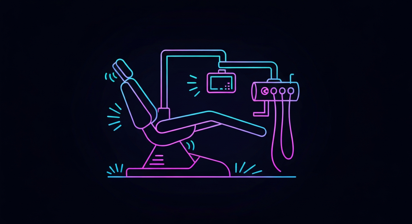 A glowing neon outline of a dental chair against a dark background, conceptually representing the advanced technology and equipment used at the new dental practice.