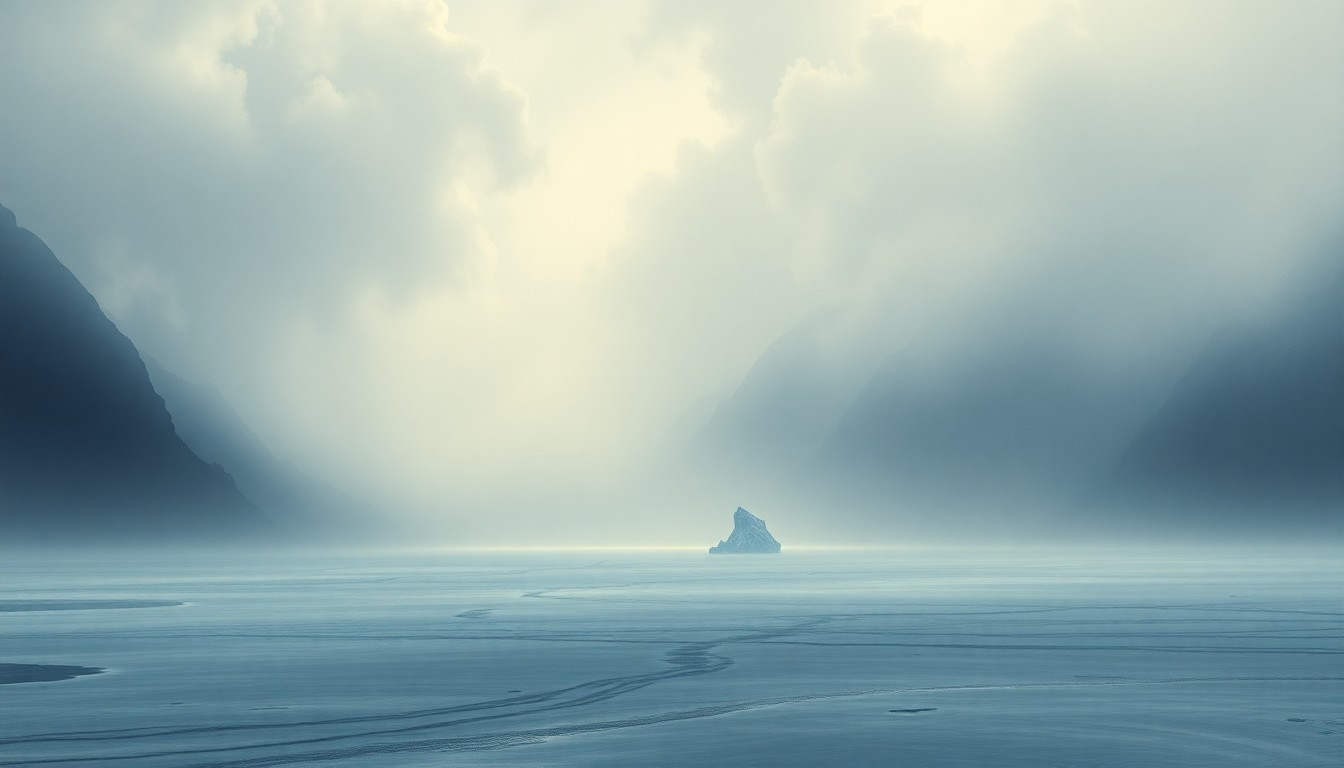A vast, majestic landscape painting in muted tones of white, grey, and blue, with a small, isolated ice floe barely visible in the distance, dwarfed by the overwhelming scale of the Alaskan wilderness shrouded in a blinding blizzard.
