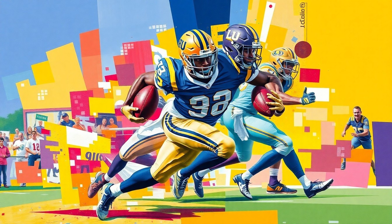 A fragmented, geometric painting depicting a running back in motion, with sharp planes of Notre Dame and LSU team colors, conveying the raw athleticism and transformative potential of the player.