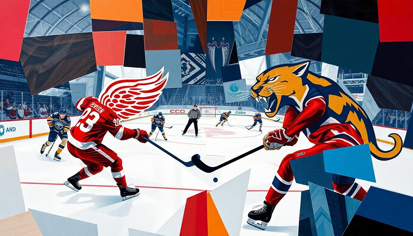 A fractured, multi-perspective painting breaking down a hockey game into sharp, overlapping geometric planes in the colors of the Red Wings and Panthers, capturing the abstract, chaotic energy of the season-ending blowout.