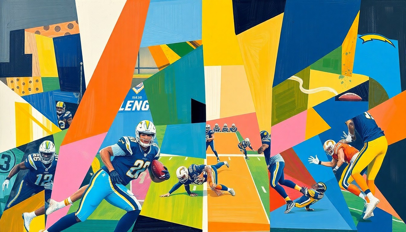 A fragmented, cubist-style painting depicting a football game in progress, with the players and field broken down into sharp, overlapping geometric shapes in the Chargers' powder blue and gold colors.