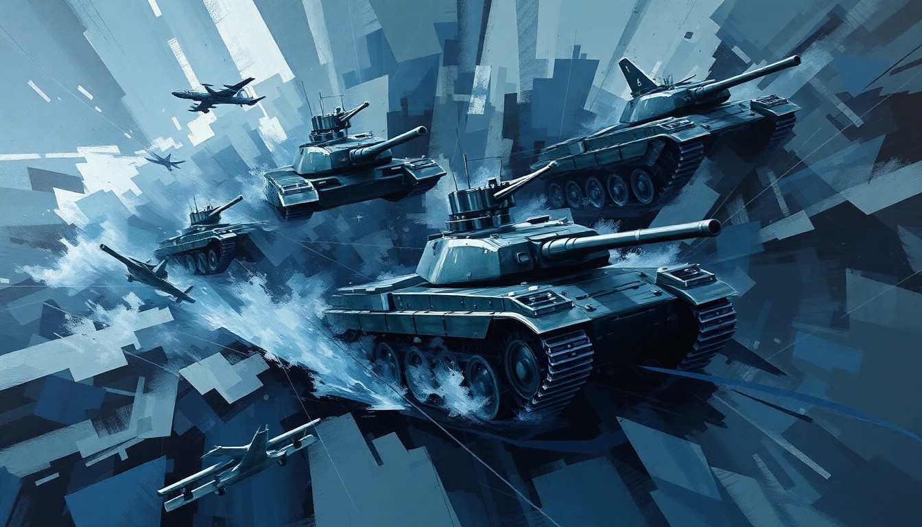 A dynamic, abstract painting featuring overlapping, fractured geometric shapes in shades of blue, grey, and metallic tones, representing the rapid motion and industrial power of military hardware.