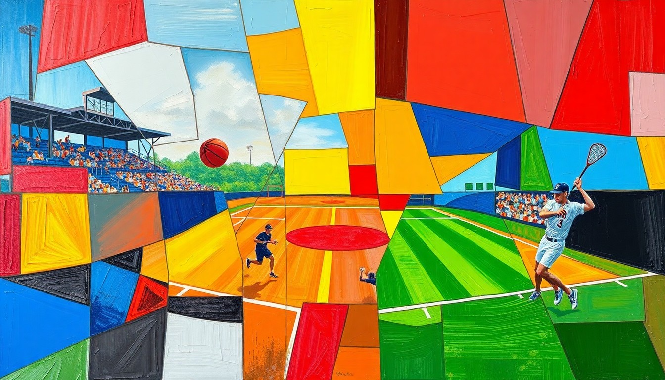 A cubist, geometric painting depicting the dynamic action of a high school baseball or lacrosse game, with overlapping planes of bright blue, red, and yellow shapes representing the players, field, and equipment.