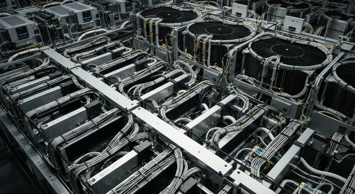 A close-up photograph of the inner workings of an Amazon Web Services data center, with a focus on the intricate machinery, cables, and cooling systems that power the company's cloud computing infrastructure. The image conveys a sense of the scale, complexity, and technological prowess behind AWS.