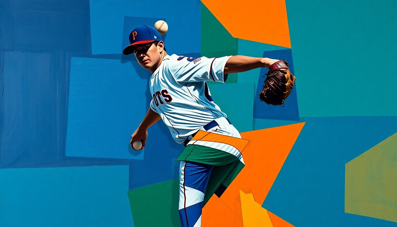 A fractured, multi-perspective painting in bold, overlapping geometric shapes and planes, capturing the dynamic motion and energy of a baseball pitcher's windup and delivery.