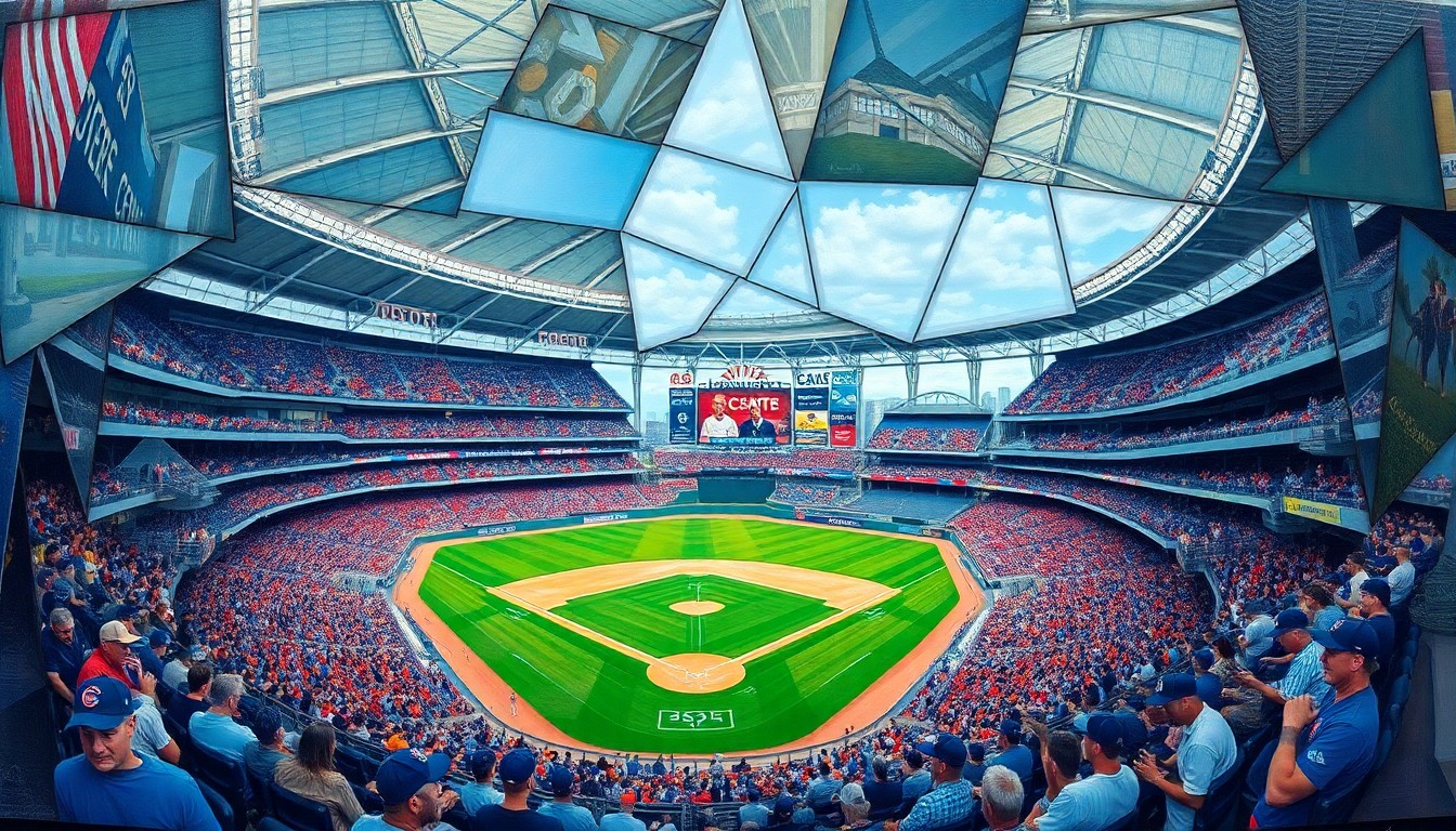 A fragmented, geometric painting depicting a baseball game at Rogers Centre, with the stadium's retractable roof, field, and fans in the stands broken down into sharp, overlapping planes of color and shape.