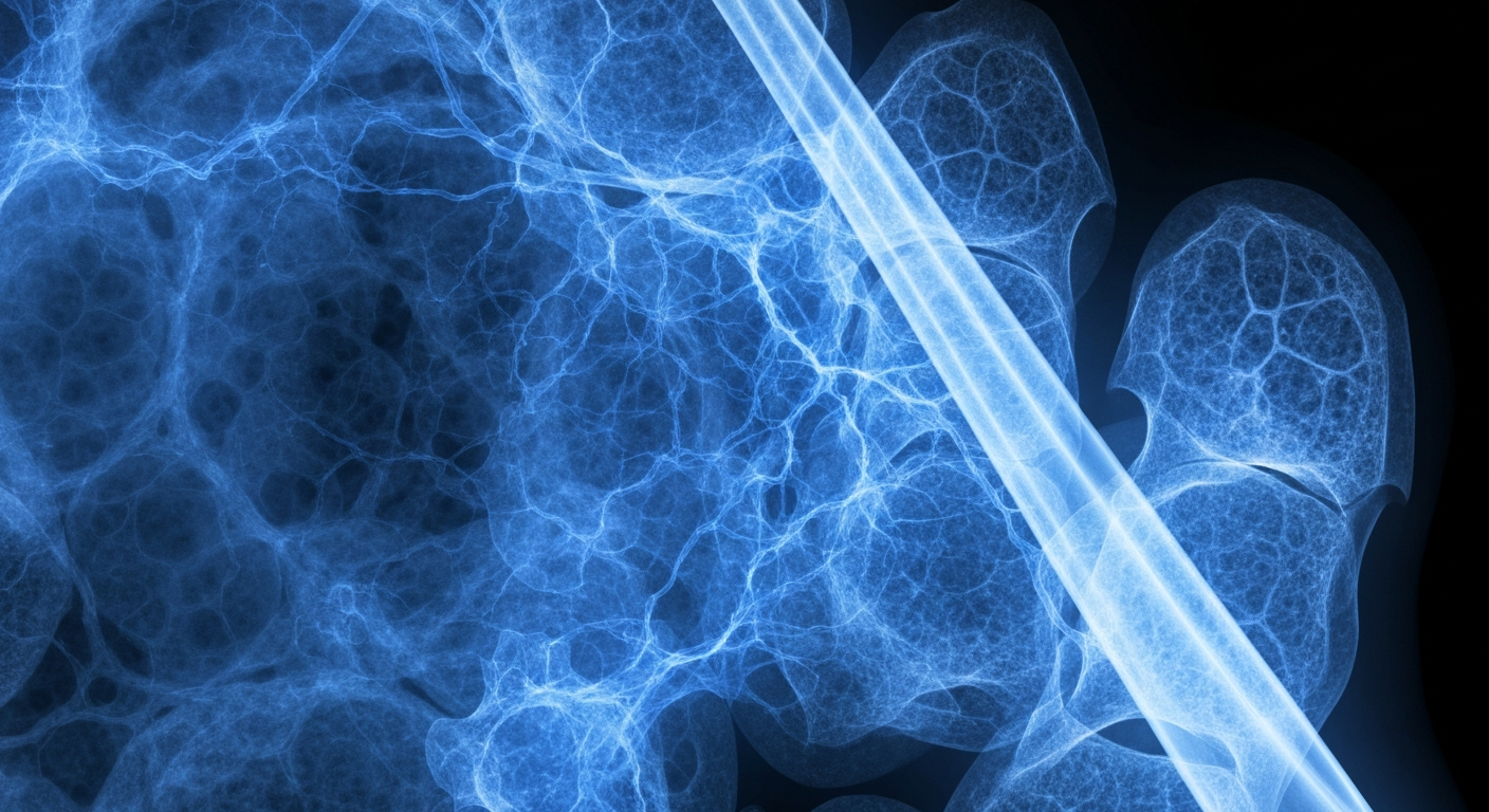 A highly detailed, translucent X-ray photograph showing the intricate network of cells and vessels within human bone marrow, glowing with an ethereal blue light and symbolizing the complex nature of multiple myeloma.