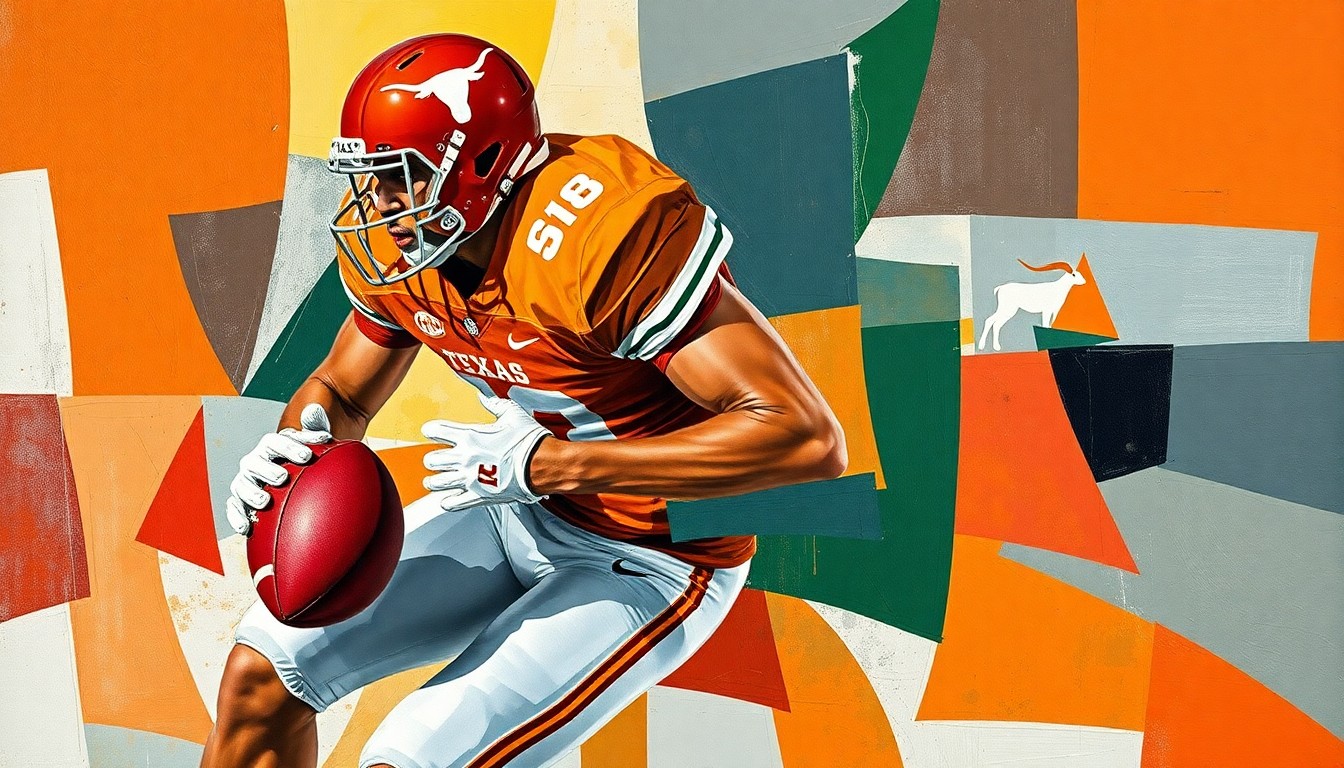 A fractured, geometric painting depicting a Texas Longhorns football player making a tackle, with sharp planes of burnt orange, steel grey, and forest green colors abstractly representing the sport's intensity and the team's talent development.