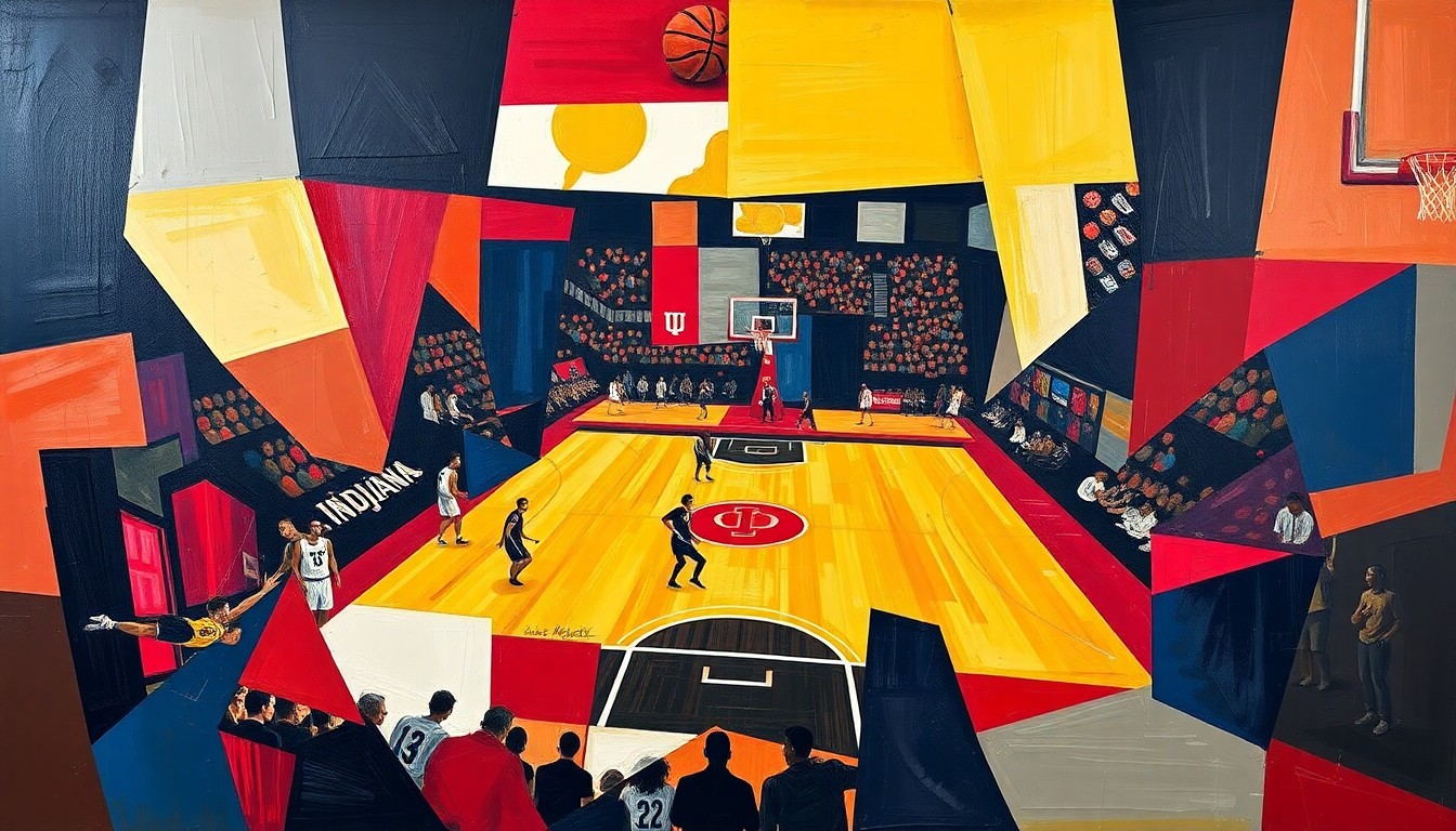 A cubist, geometric painting depicting an Indiana basketball game or practice, with sharp, overlapping planes of crimson, navy, and gold colors representing the team's renewed energy and talent.