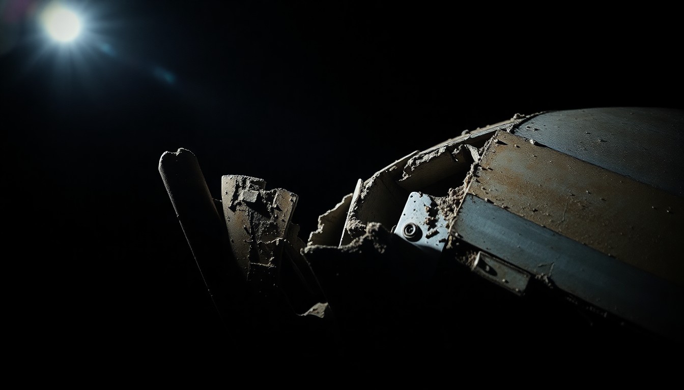 An extreme close-up photograph of a shattered piece of equipment from a damaged boat, lit by a harsh, direct camera flash against a pitch-black background, conceptually illustrating the gritty, investigative nature of the U.S. military's operations targeting alleged drug trafficking in the eastern Pacific.