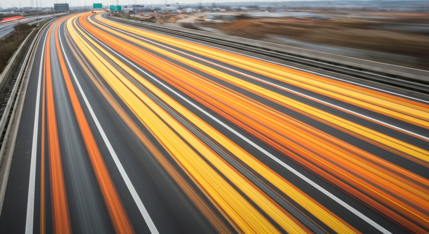 An abstract, blurred image of a busy highway construction site, with streaks of orange, yellow, and grey conveying the sense of chaos and disruption caused by the ongoing project.