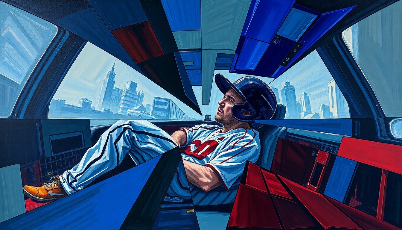 A fractured, abstract painting depicting a baseball player's car crash in sharp, overlapping geometric shapes and planes of dark blue, gray, and red, conveying the chaos and tragedy of the incident.
