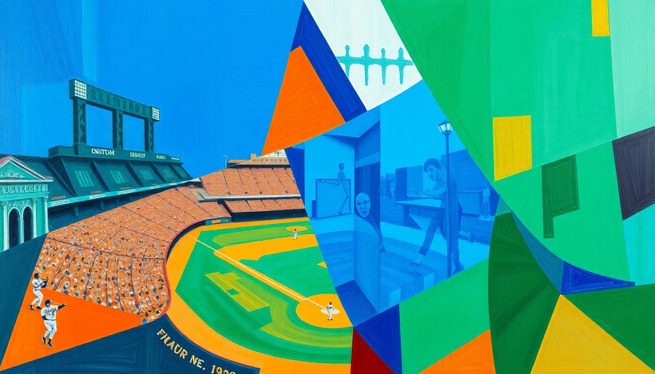A cubist-style painting featuring overlapping geometric shapes in vibrant colors, conceptually representing the fragmented nature of the Mets' struggling offense.