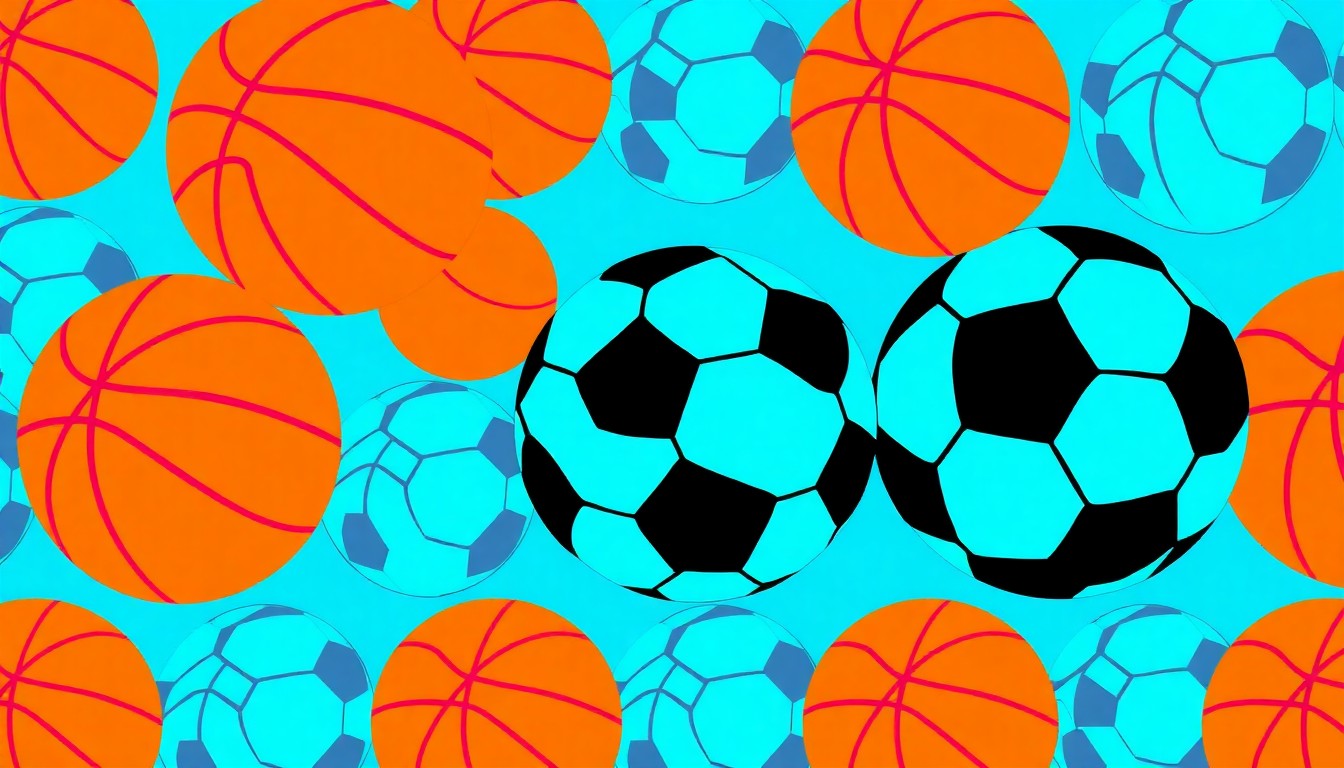 A bold, colorful silkscreen print featuring repeating images of a basketball, football, and soccer ball in a grid pattern, capturing the energy and importance of school sports programs.