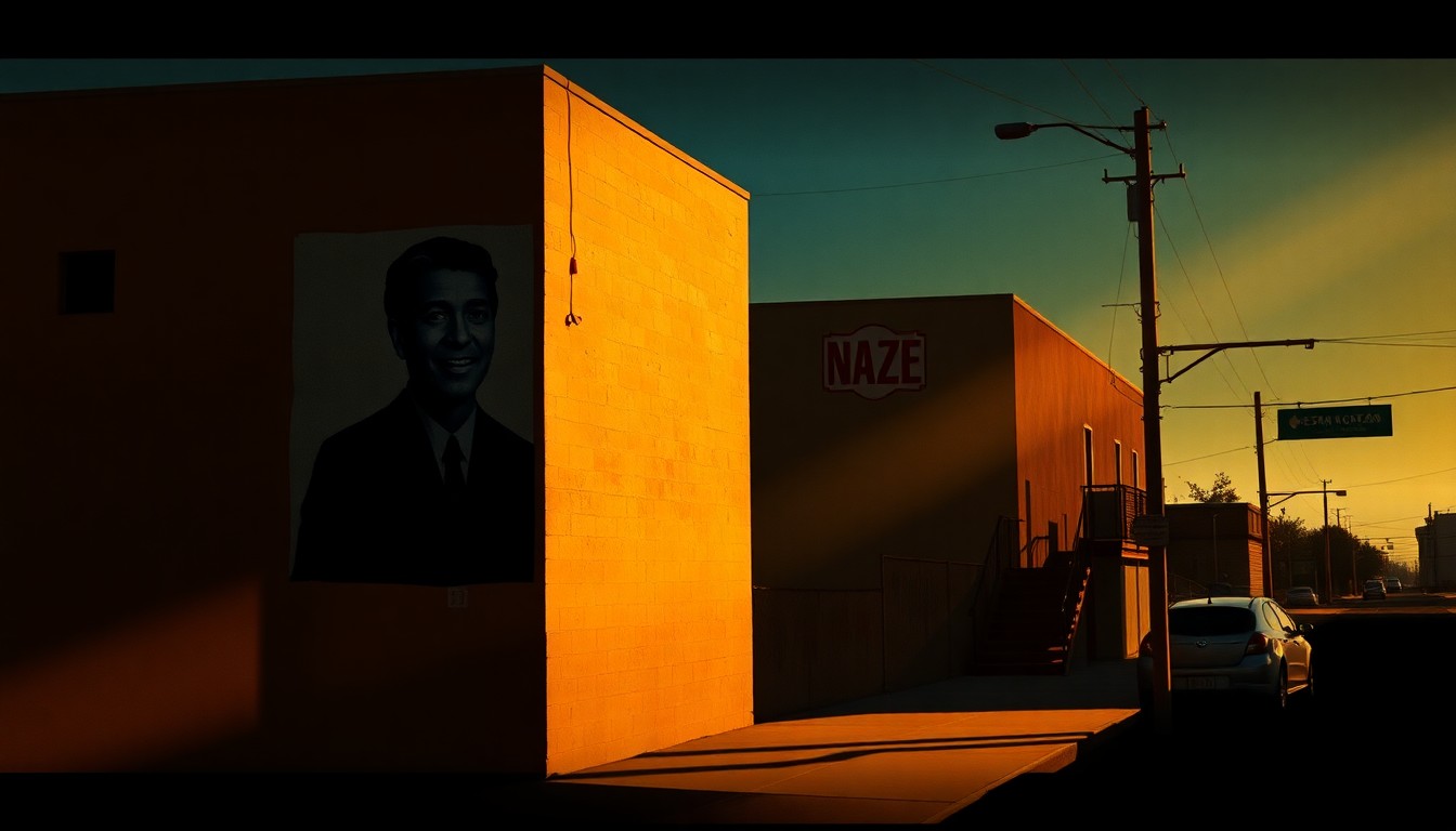 A warm, cinematic painting depicting a solitary mural of César Chávez on the side of a building, with the mural partially obscured by shadows and sunlight, conveying a sense of nostalgia and the complex legacy of the civil rights leader.