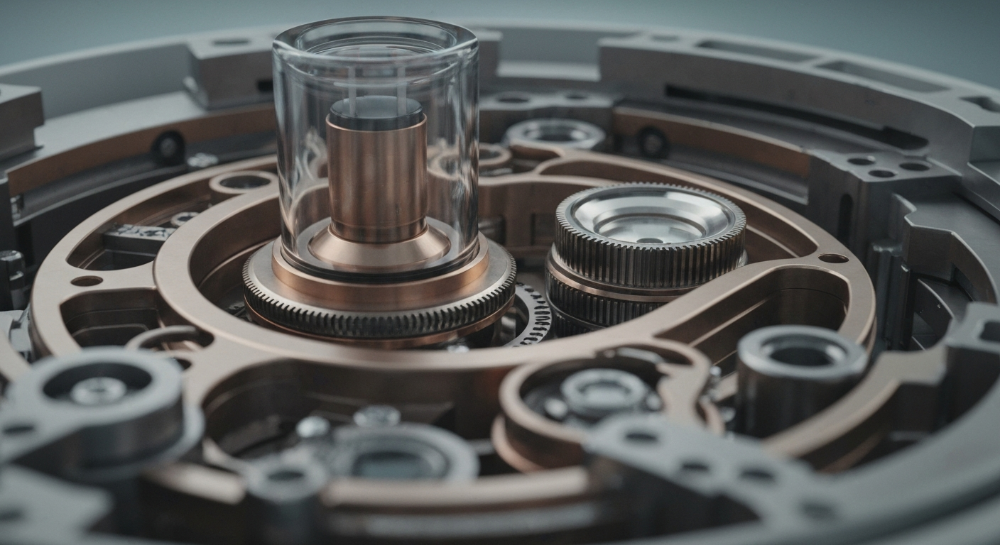 A close-up, cinematic view of the intricate inner workings and machinery of a modern medical device, representing the complex technology behind Neuronetics' neuromodulation therapy. The image has a sense of precision and power, with muted tones of steel, copper, and glass.