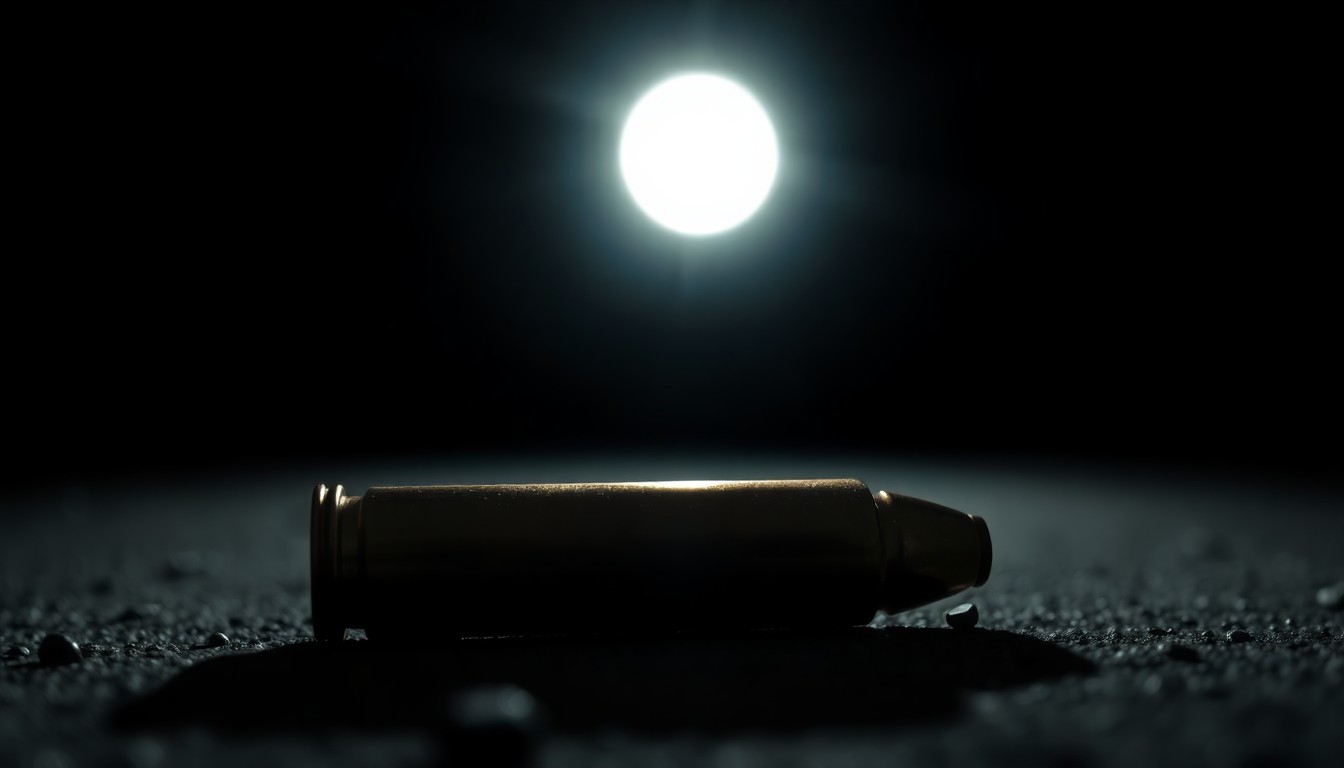 An extreme close-up photograph of a spent bullet casing on the ground, capturing the stark, gritty details of the crime scene without depicting any actual violence or victims.