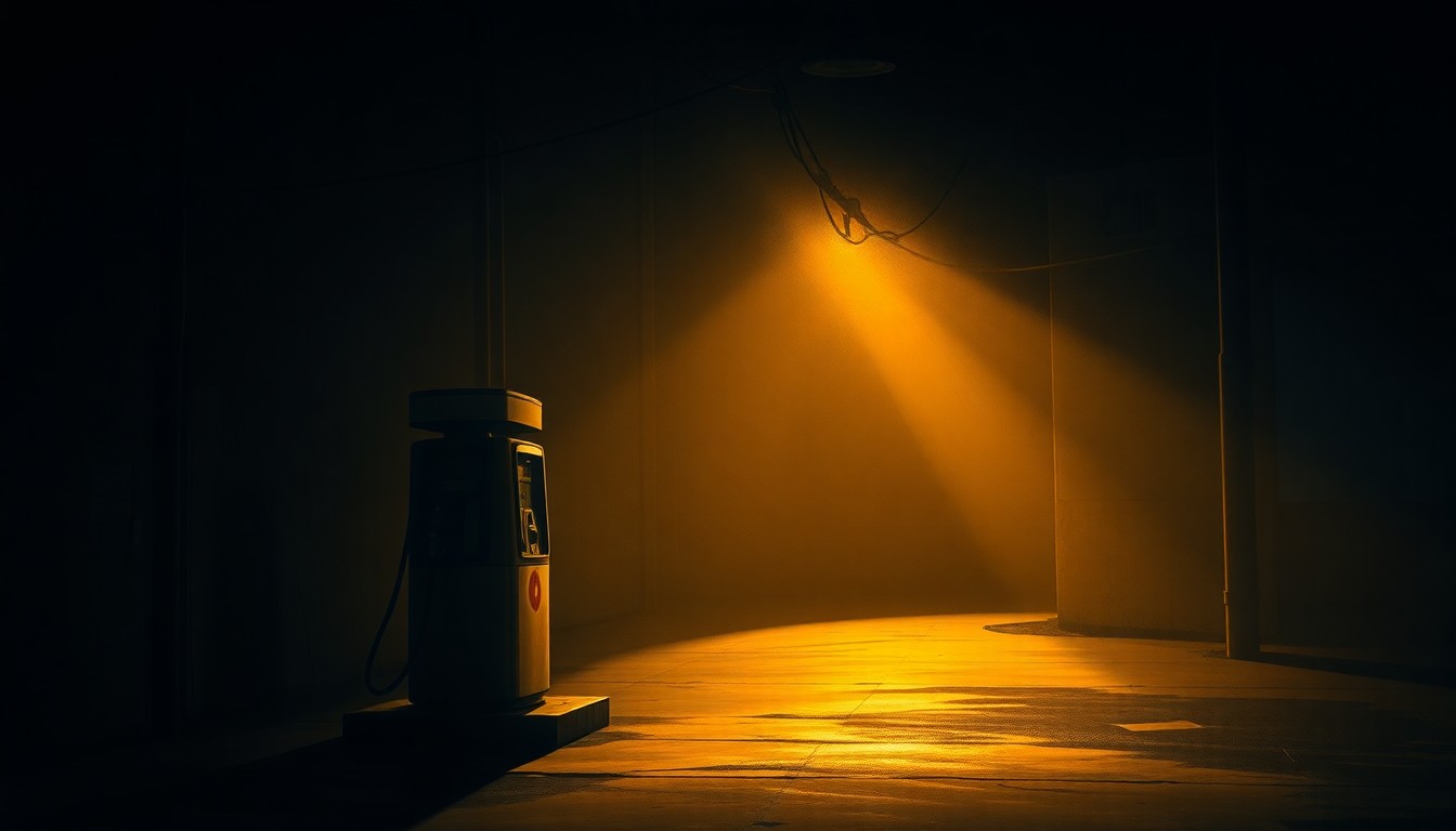 A photorealistic painting of a solitary gas pump in a dimly lit urban setting, with warm sunlight casting dramatic shadows across the scene, conveying a sense of economic struggle and uncertainty.