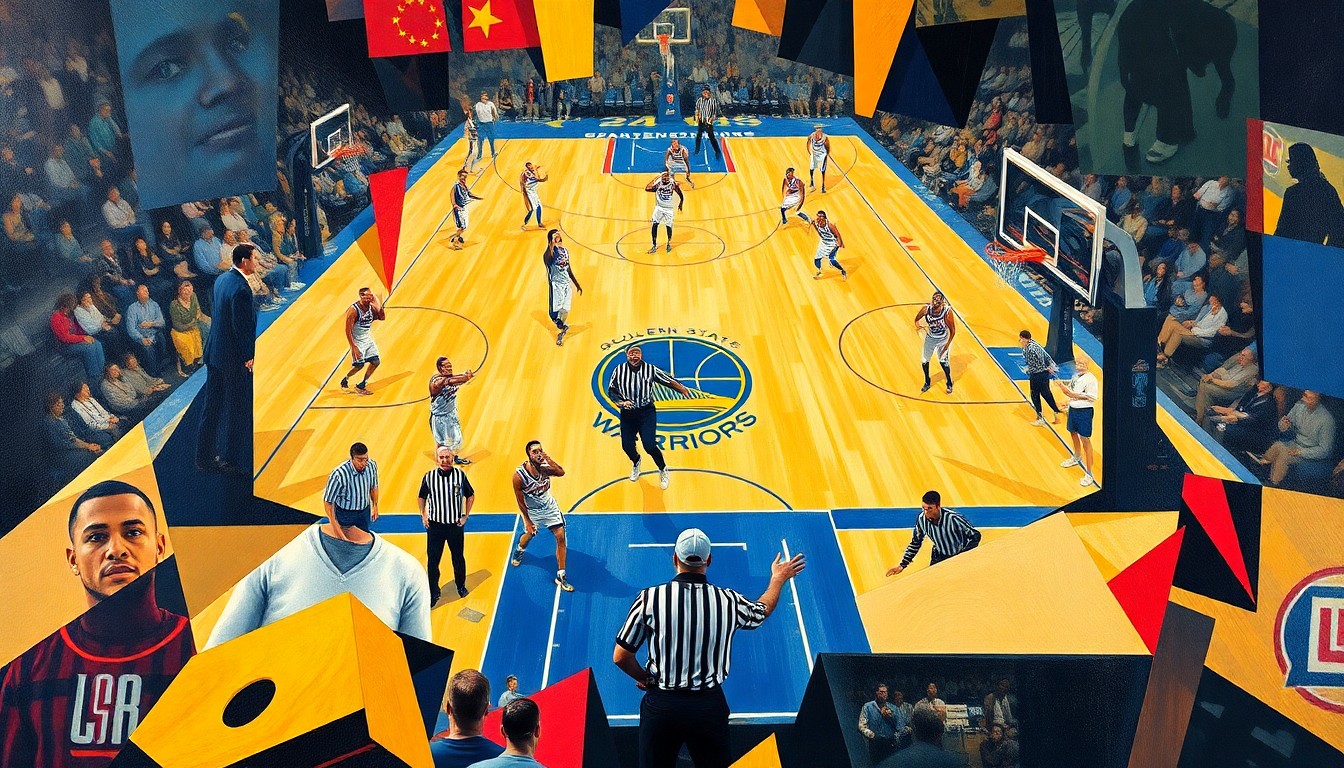 A fragmented, geometric painting depicting a basketball game, with the players, court, and officials broken down into sharp, overlapping shapes and planes, conveying the intensity and disruption of the unexpected referee injury during the high-stakes matchup.