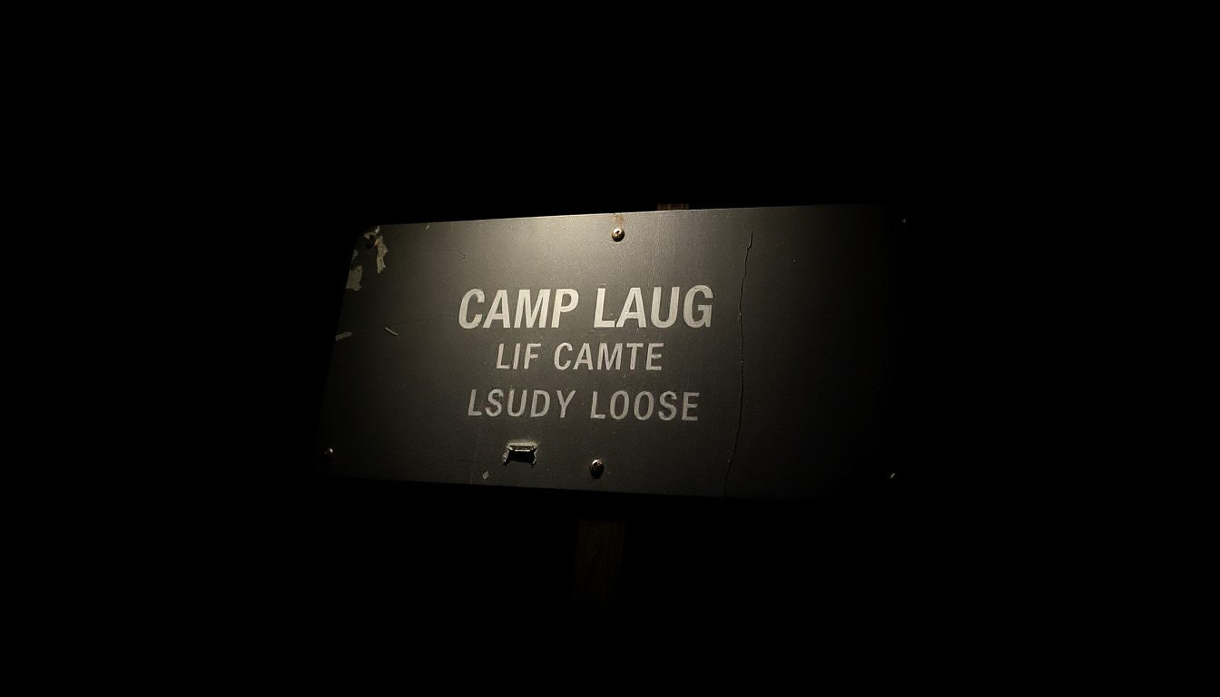 An extreme close-up photograph of a twisted, damaged camp sign or other physical evidence from the flood, lit by a harsh, direct camera flash against a pitch-black background, conveying a stark, gritty, investigative aesthetic.