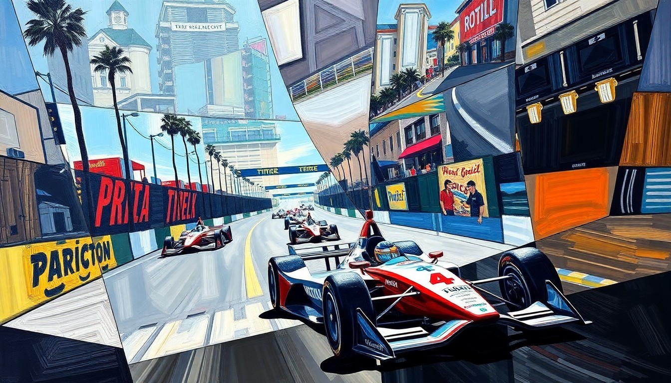 A cubist, geometric painting depicting an IndyCar race at the Long Beach street circuit, with the car and track broken down into overlapping, angular planes of color and form.