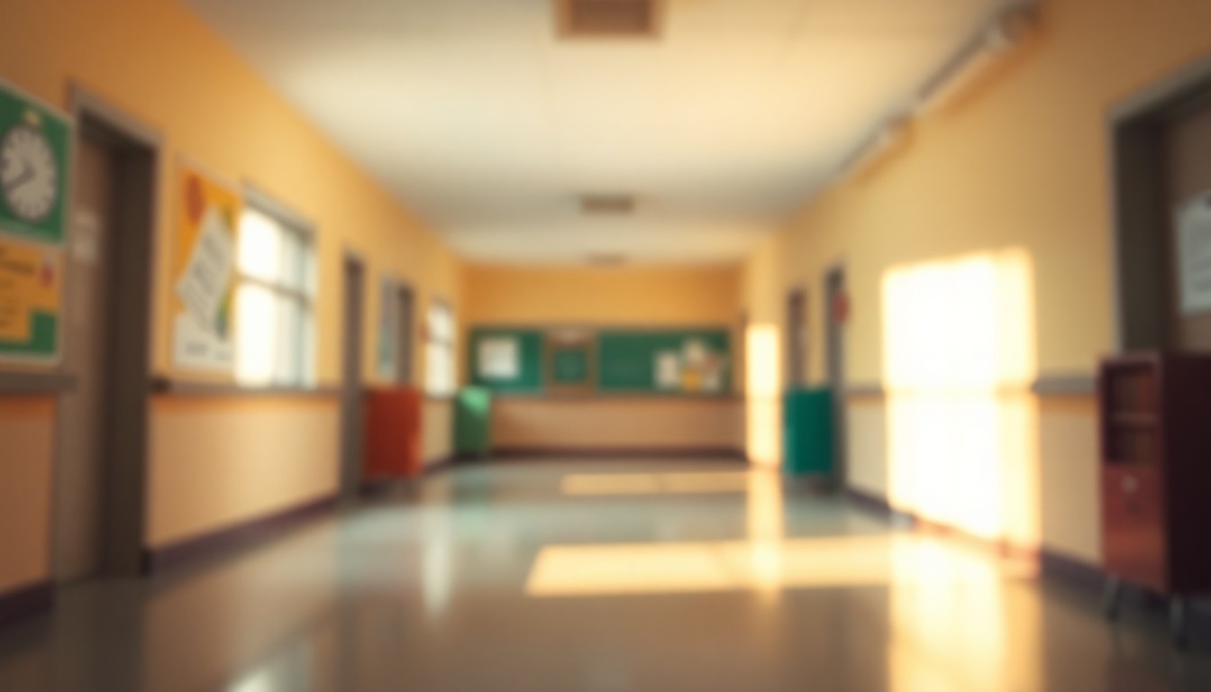 An extremely abstracted, out-of-focus photograph of a school hallway or classroom, with soft, warm pools of light and color, conveying a sense of contemplation and introspection about the future of education.