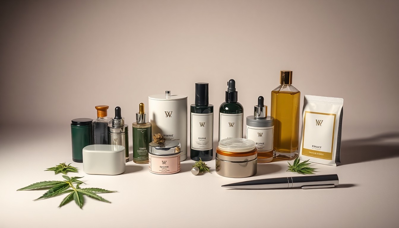 A high-end, photorealistic studio still-life photograph featuring a selection of premium, polished cannabis products and accessories arranged elegantly on a clean, monochromatic seamless background. The objects are lit with sharp, dramatic studio lighting and deep shadows, conceptually representing the abstract financial and market trends in the legal cannabis industry.