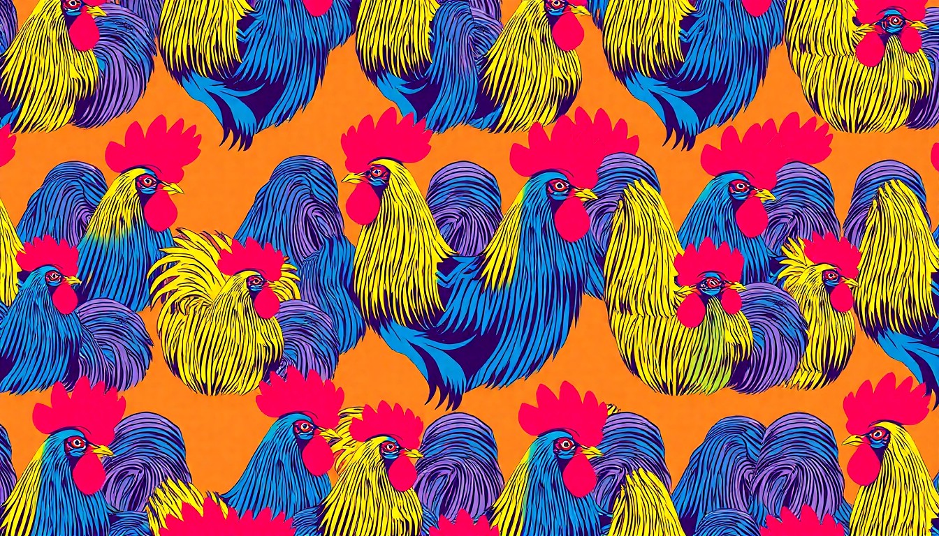 A bold, stylized silkscreen print featuring a rooster repeated in a grid pattern, using bright neon colors and heavy black outlines to transform the everyday bird into a modern pop art icon.