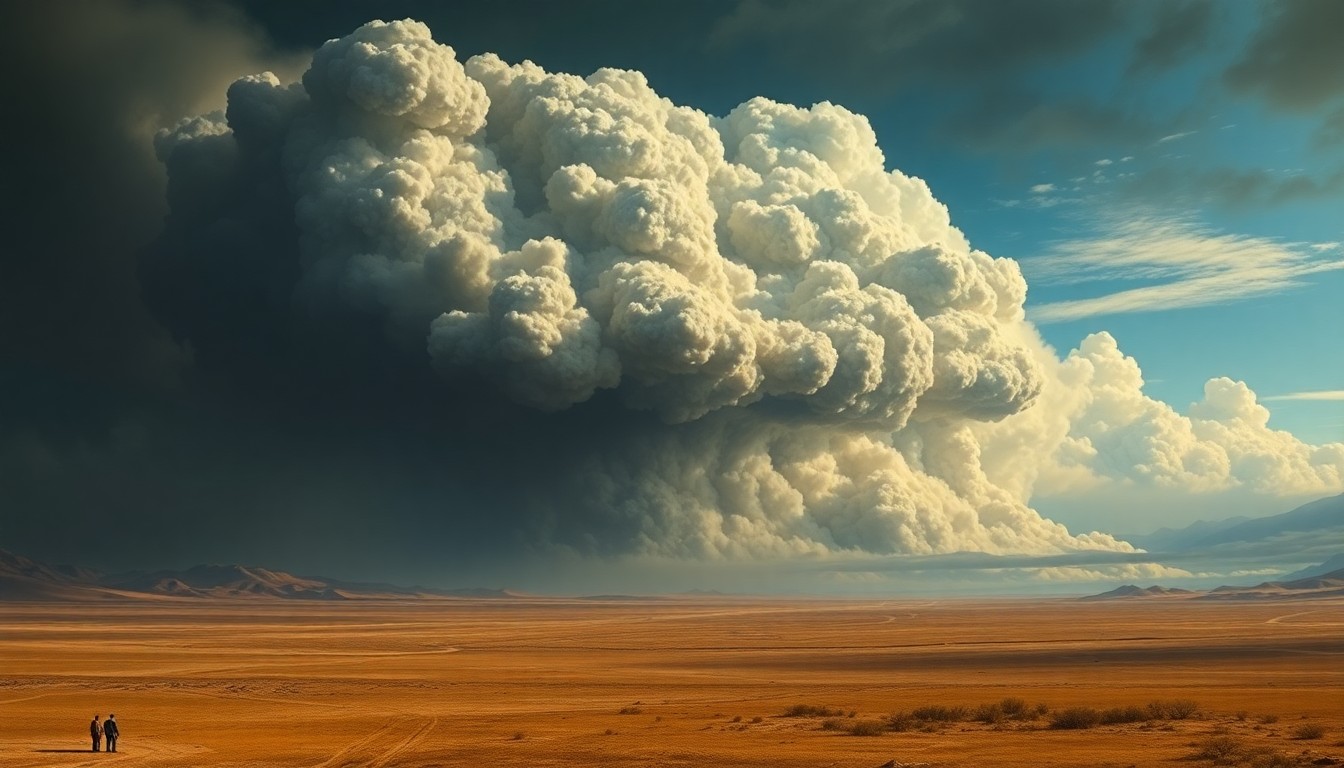 A vast, majestic landscape painting in muted earth tones, with a towering plume of smoke and ash billowing across a dry, arid plain, dwarfing any visible structures or human figures. The scene conveys the overwhelming, sublime power of a natural disaster through dramatic backlighting and deep atmospheric perspective.
