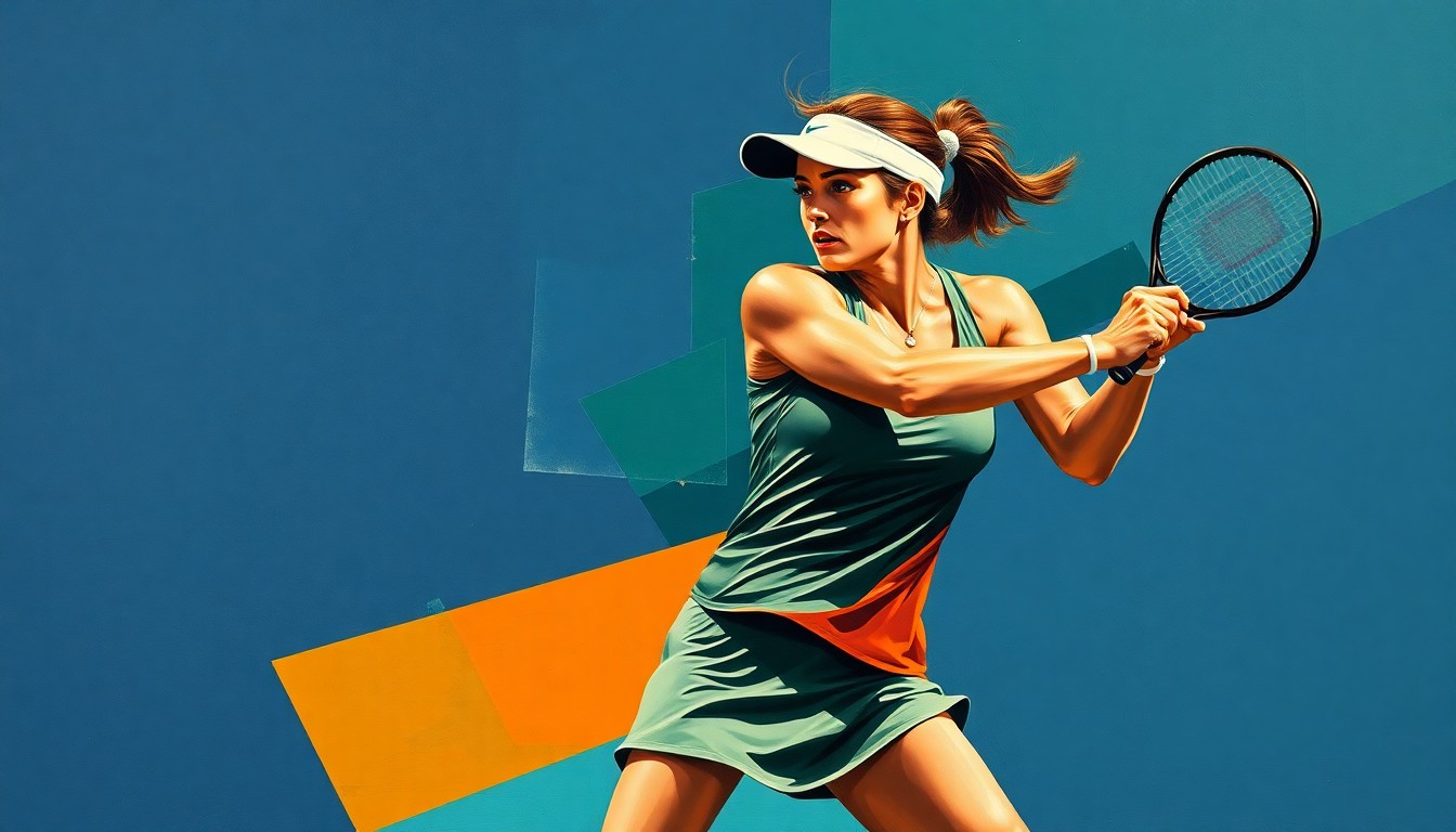 A fragmented, geometric painting depicting a women's tennis player in mid-swing, the figure broken down into sharp, overlapping planes of navy, green, and orange, conveying the dynamic motion and determination of the athlete.