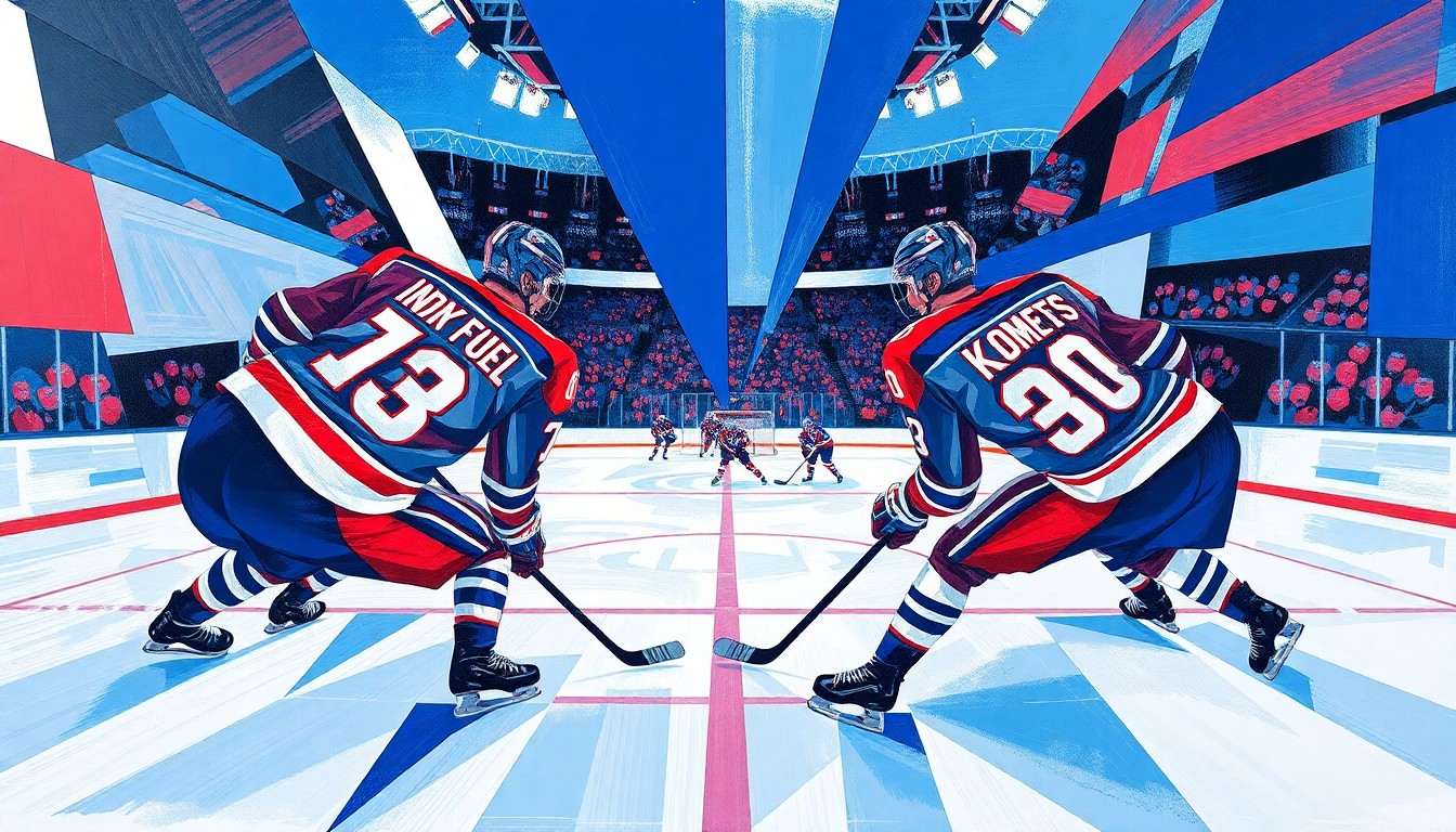 A cubist, geometric painting depicting a hockey game, with fragmented shapes and planes of blue, red, and white representing the players and action on the ice.