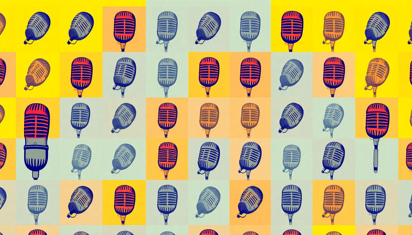A bold, pop art-inspired illustration featuring a retro-style microphone icon repeated in a grid pattern, conveying the energetic and engaging nature of a local morning talk show.