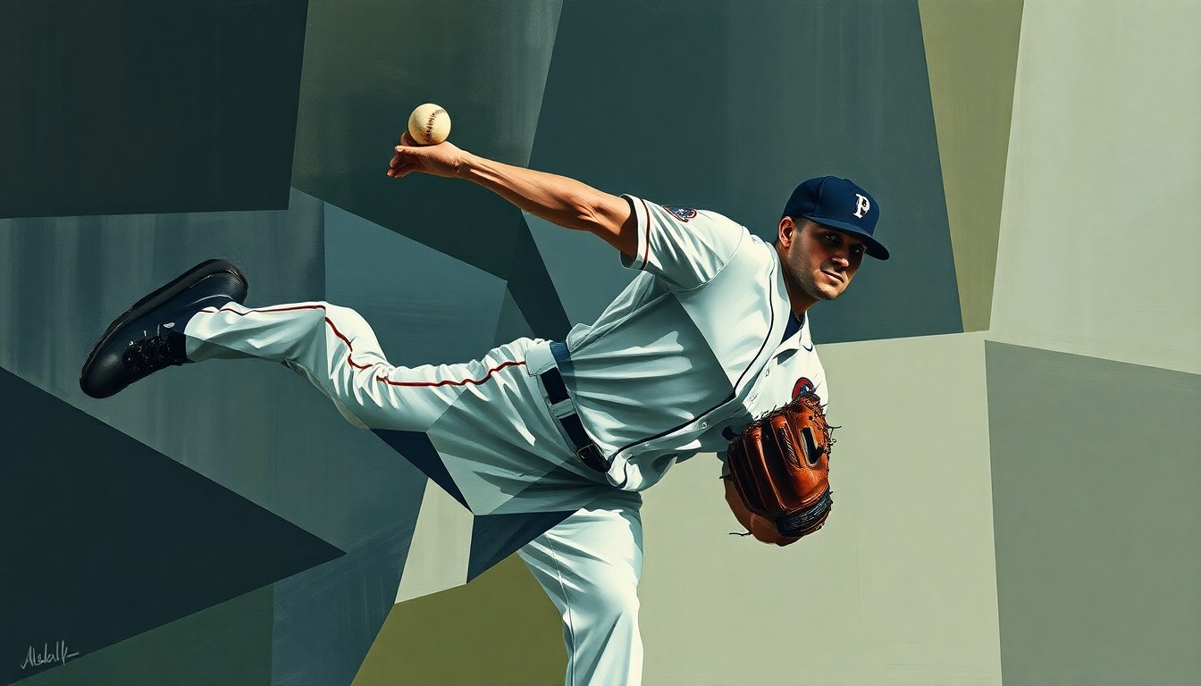 A fragmented, geometric painting depicting a baseball pitcher's throwing motion broken down into sharp, overlapping planes in a muted color palette, conceptually representing the physical strain of the sport.