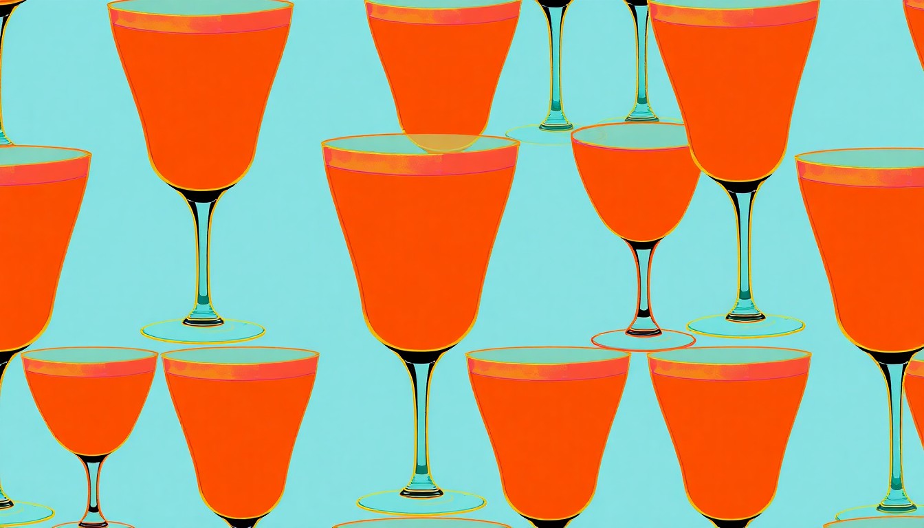 A brightly colored, high-contrast silkscreen-style illustration of a single cocktail glass repeated in a grid pattern, conceptually representing the over-serving of alcohol on cruise ships.