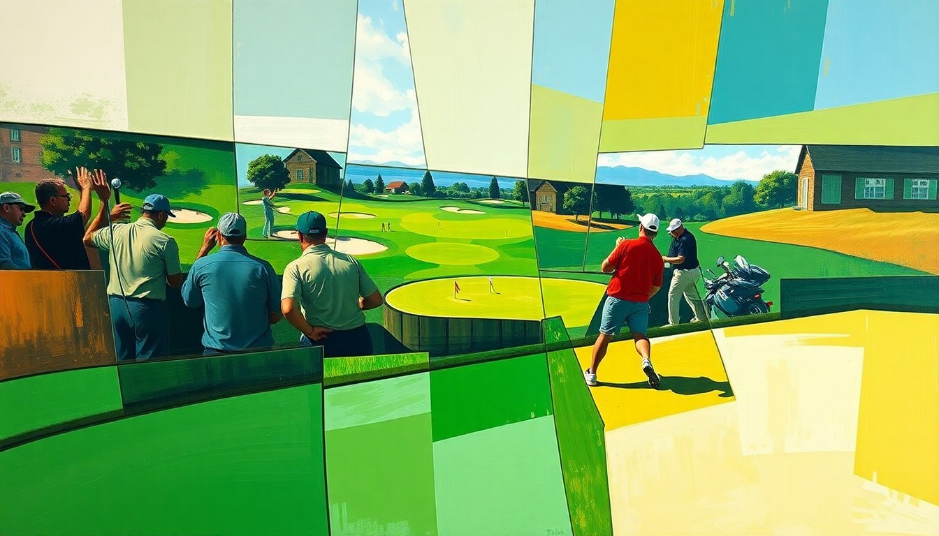 A cubist-style painting depicting a golf course and players in a fragmented, geometric style, with sharp planes of green, blue, and brown overlapping to create a dynamic, abstract scene.