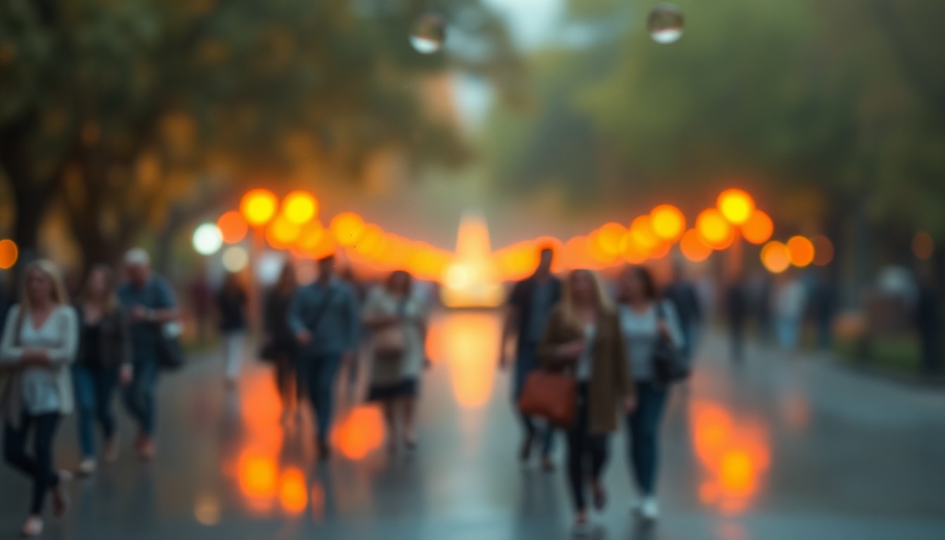An abstract, impressionistic photograph showing a blurred group of people walking together in a park, with soft, warm pools of light creating a sense of community and connection.