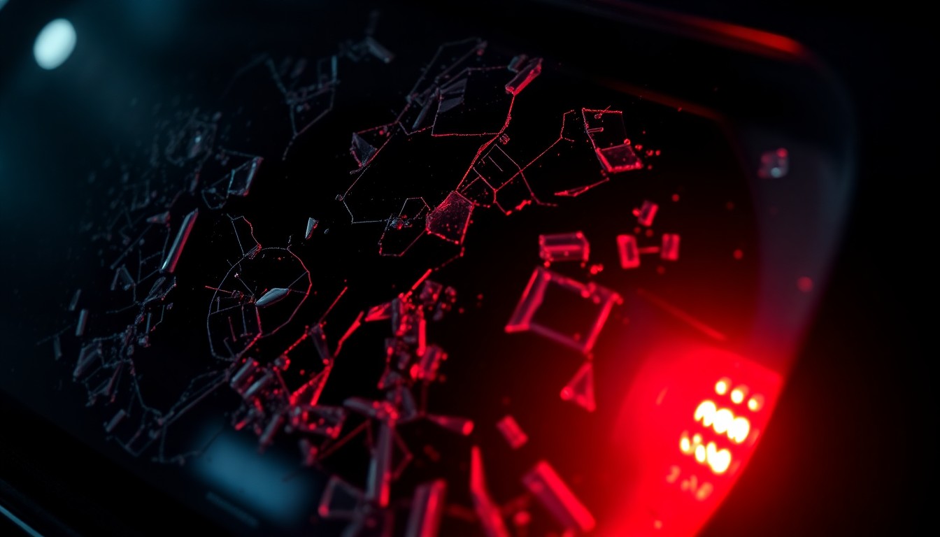 An extreme close-up photograph of a shattered car sensor lens reflecting a faint red light, conceptually illustrating the alleged vandalism of self-driving vehicles.