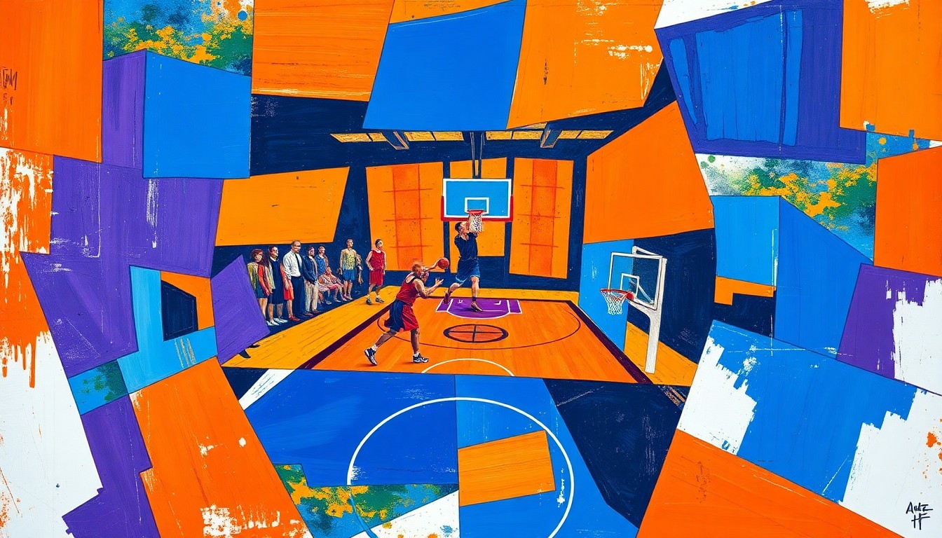 A cubist-style painting depicting a basketball game, with the players and court broken down into sharp, overlapping geometric shapes in a vibrant color palette, conveying the energy and intensity of the playoff matchup.