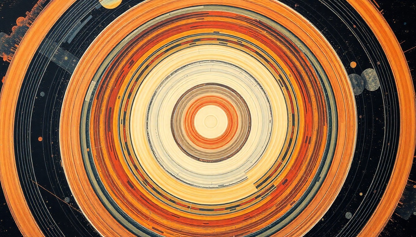 A bold, geometric abstract painting in soft colors depicting the complex, intertwining orbits and gravitational interactions of the three planets in the TOI-201 exoplanet system, conveying the structural order and dynamism of this distant planetary system.