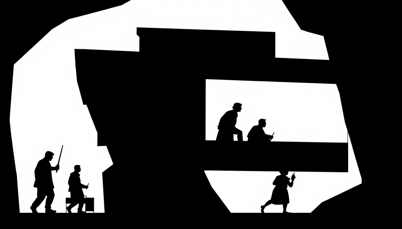 An abstract, minimalist illustration featuring sharp, angular black silhouettes and geometric shapes in a high-contrast composition, conceptually representing the idea of a movie studio's commitment to the theatrical experience.