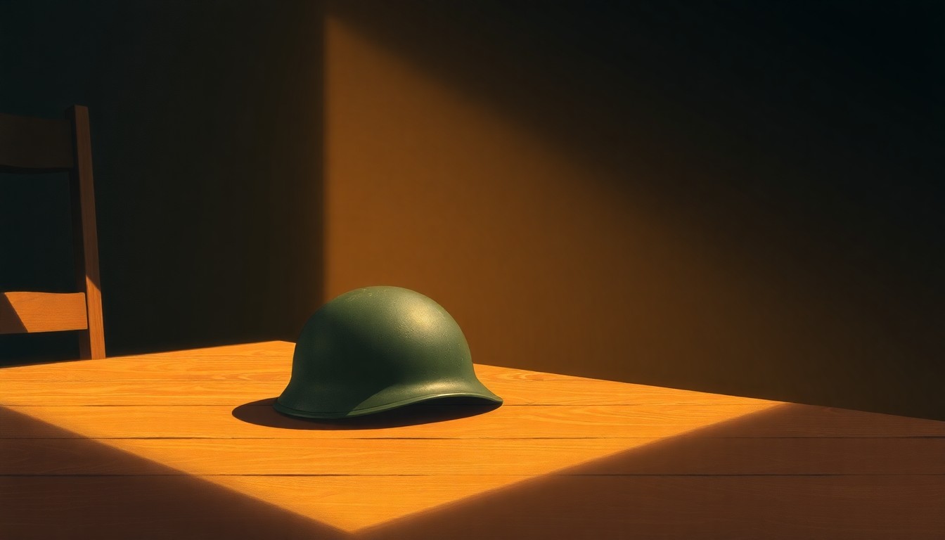 A photorealistic oil painting depicting a lone military helmet resting on a wooden table, with warm, dramatic lighting casting deep shadows across the scene, conveying a sense of melancholy and loss.