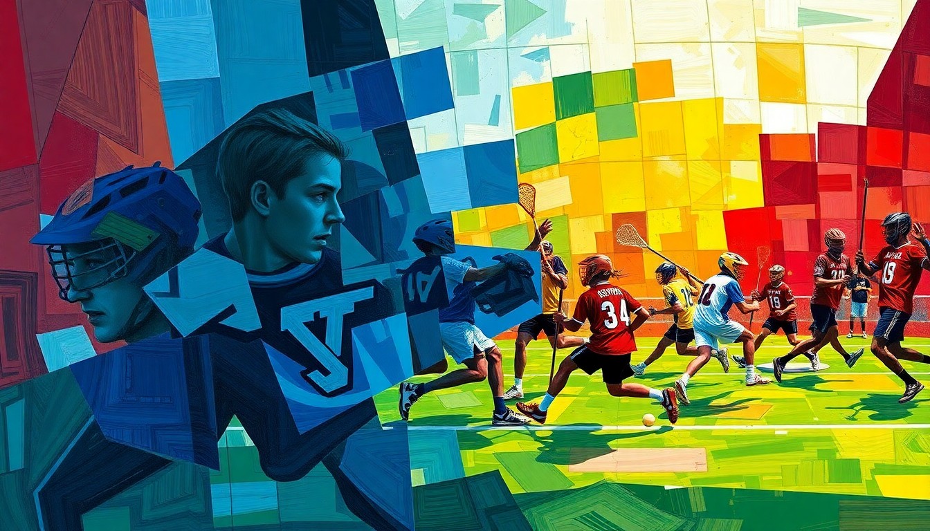 A fractured, geometric painting in vibrant blues, reds, and greens, depicting the fast-paced action and energy of a high school boys lacrosse game.