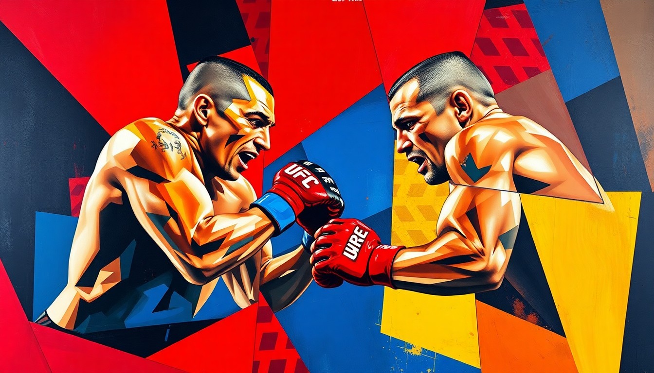A fractured, cubist-style painting depicting the dynamic movements and energy of a mixed martial arts fight, with sharp geometric shapes and planes of vibrant colors representing the raw athleticism and competitive spirit of the combatants.