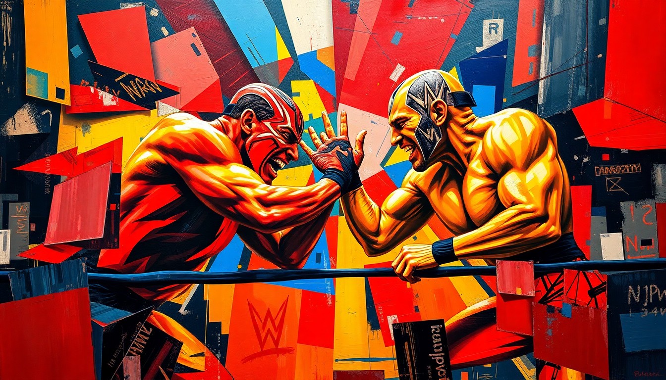 A fragmented, abstract painting depicting wrestling action with sharp, angular shapes and bold, contrasting colors, conceptually representing the dynamic fusion of AEW and NJPW talent.